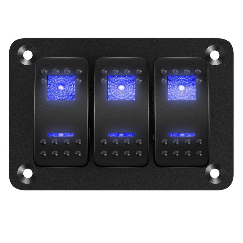 DAIERTEK Marine Switch Panel Waterproof 12V 3 Gang Rocker Switch Panel Blue LED Light Toggle Switch Aluminum Panel Pre-Wired for Car Truck Boat RV UTV ATV RZR - Image 1